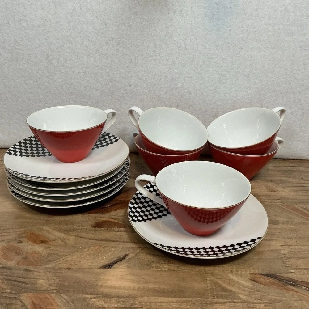 Seyei Fine‎ China Japan MCM Checkerboard Plates & Red Teacup Retro Mod Set